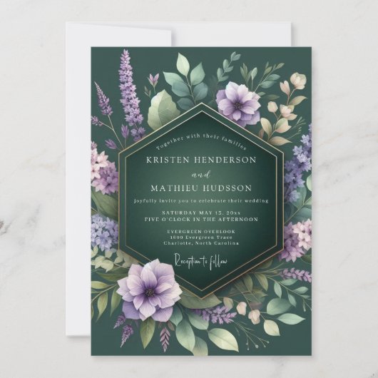 Smaragd-Lavendel-Flora-Hochzeit Einladung (Vorderseite)