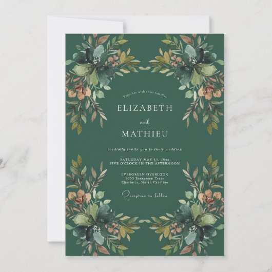 Smaragd-Ocker-Laub-Eukalyptus-Hochzeit Einladung (Vorderseite)
