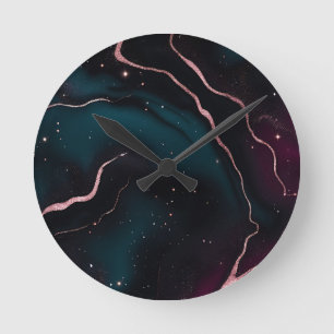 Smaragd-Roségold-Galaxie-Marmor-Muster Runde Wanduhr
