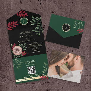 Smaragd-Schwarz-Burgund-Foto-Hochzeit All In One Einladung