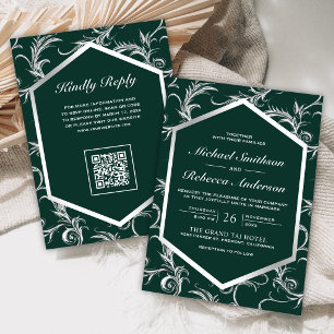 Smaragd Silber Schwung Wirbel QR Code Hochzeit Einladung