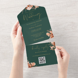 Smaragd- und Gold-Blumen-QR-Code-Herbsthochzeit All In One Einladung