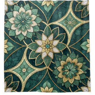 Smaragd- und Gold-Blumenmandala - Ornamental Duschvorhang