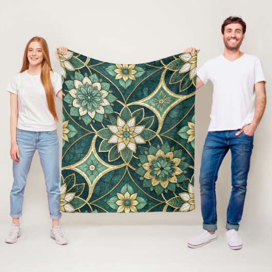 Smaragd- und Gold-Blumenmandala - Ornamental Fleecedecke (Beispiel)