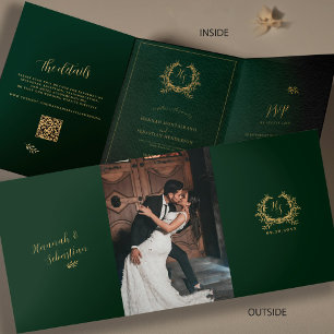 Smaragd- und Gold-Monogramm-Foto-QR-Code-RSVP-Deta Dreifach Gefaltete Karte
