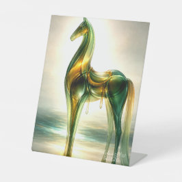 Smaragd- und Goldglas-Pferdeskulptur – Elegant Sockelschild