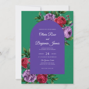 Smaragd-violette Aquarell-Hochzeit Einladung
