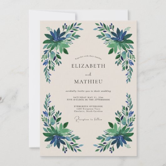 Smaragdblaue Blumenhochzeit Einladung (Vorderseite)