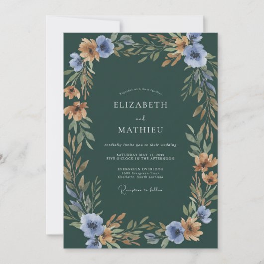 Smaragdblaue Botanische Aquarell-Hochzeit Einladung (Vorderseite)