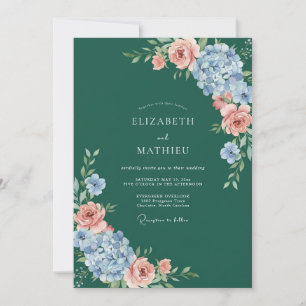 Smaragdblaue Florale Wasserfarben-Hochzeit Einladung