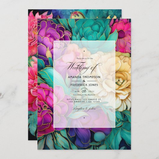 Smaragdfarbene, heiße rosa und goldene blumenreich einladung (Vorne/Hinten)