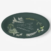 Smaragdfarbene moderne botanische Skripthochzeit Pappteller (Schrägansicht)