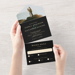 Smaragdgrün-Adate-Hochzeit mit schwarzem Foto All In One Einladung