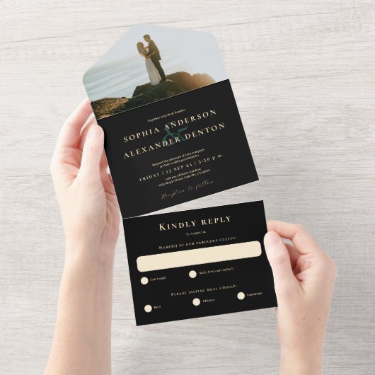 Smaragdgrün-Adate-Hochzeit mit schwarzem Foto All In One Einladung (Abreißen)