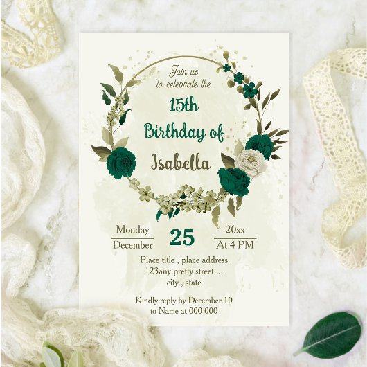 smaragdgrün-beige-Blume Geburtstag Einladung