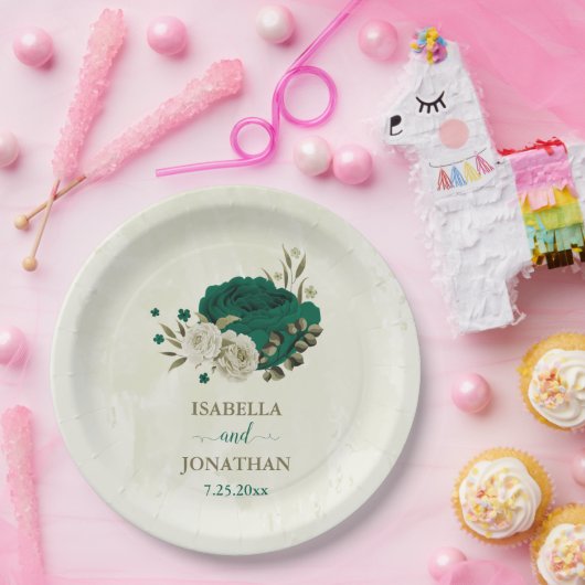 Smaragdgrün-beige-Blume Hochzeit Pappteller (Party)