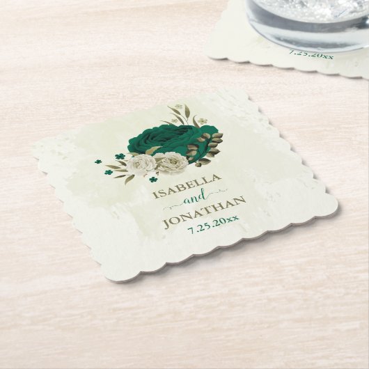 Smaragdgrün-beige-Blume Hochzeit Untersetzer (angewinkelt)