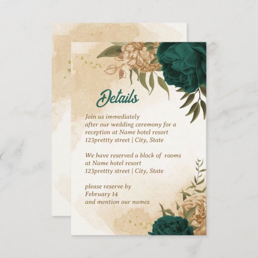 Smaragdgrün-beige-goldgelb Begleitkarte (Vorne/Hinten)