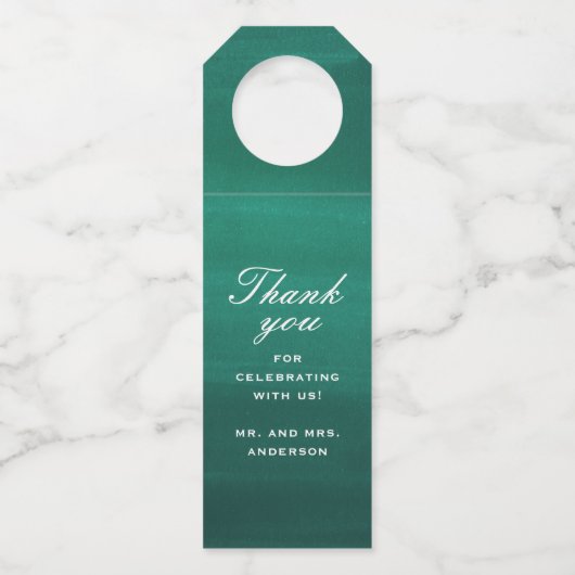 Smaragdgrün elegante einfache Hochzeit danke Flaschenanhänger (Vorderseite)