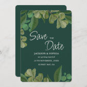 Smaragdgrün Elegante rustikale Blätter üppig Save The Date (Vorne/Hinten)