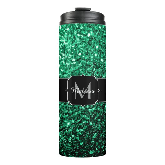 Smaragdgrün falscher Glitter funkelt Monogramm Thermosbecher (Vorderseite)
