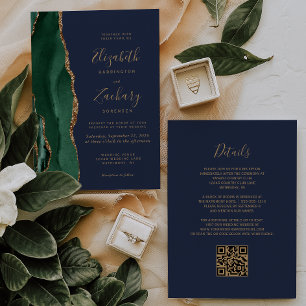 Smaragdgrün Gold Achat Marineblau QR-Code Hochzeit Einladung
