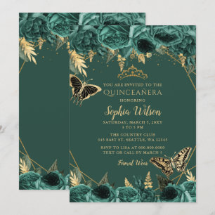 Smaragdgrün Gold Blumen Schmetterling Quinceañera  Einladung
