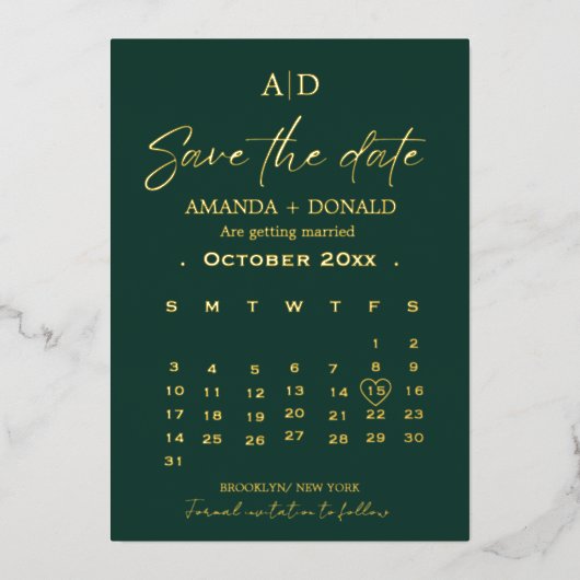Smaragdgrün & Gold-Kalender Hochzeit Sichern Sie d Folieneinladung (Vorderseite)