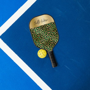 Smaragdgrün Gold Leopard Muster Namensschrift Pickleball Schläger