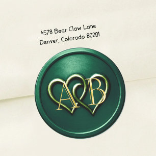 Smaragdgrün Gold Zwei Herzen Gold Monogramm Runder Aufkleber