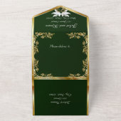 Smaragdgrün, goldene Blätter, Tauben und Herz All In One Einladung (Außenbereich)