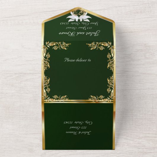 Smaragdgrün, goldene Blätter, Tauben und Herz All In One Einladung (Außenbereich)