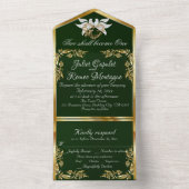 Smaragdgrün, goldene Blätter, Tauben und Herz All In One Einladung (Innen Boden)