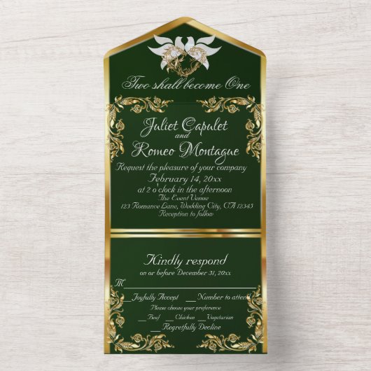 Smaragdgrün, goldene Blätter, Tauben und Herz All In One Einladung (Innen Boden)