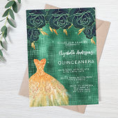Smaragdgrün goldenes Kleid blumenluxus Quinceanera Einladung