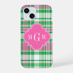Smaragdgrün Hellrosa Weiß Preppy Madras Monogramm iPhone 15 Hülle
