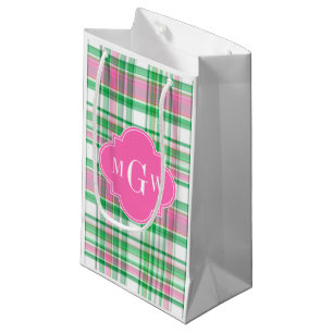 Smaragdgrün Hellrosa Weiß Preppy Madras Monogramm Kleine Geschenktüte