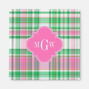 Smaragdgrün Hellrosa Weiß Preppy Madras Monogramm Magnet