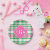 Smaragdgrün Hellrosa Weiß Preppy Madras Monogramm Pappteller (Party)