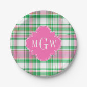 Smaragdgrün Hellrosa Weiß Preppy Madras Monogramm Pappteller (Vorderseite)
