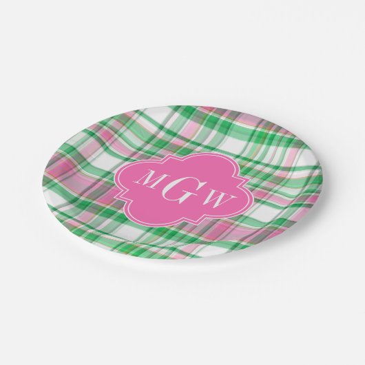 Smaragdgrün Hellrosa Weiß Preppy Madras Monogramm Pappteller (Schrägansicht)