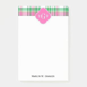 Smaragdgrün Hellrosa Weiß Preppy Madras Monogramm Post-it Klebezettel