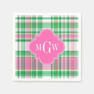 Smaragdgrün Hellrosa Weiß Preppy Madras Monogramm Serviette