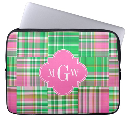 Smaragdgrün Hot Pink Preppy Patchwork Madras Monog Laptopschutzhülle (Vorderseite)
