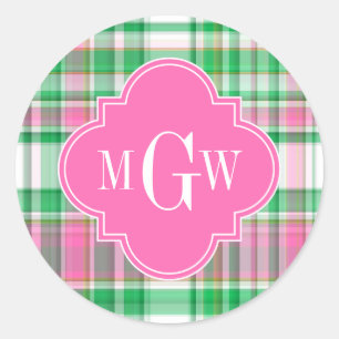 Smaragdgrün Hot Pink Weiß Preppy Madras Monogramm Runder Aufkleber