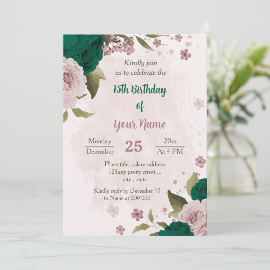 smaragdgrün rosa Blume botanischer Geburtstag Einladung (Stehend Vorderseite)