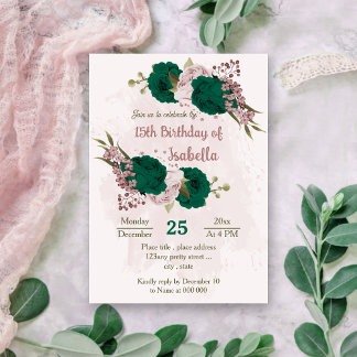 smaragdgrün rosa Blume botanischer Geburtstag Einladung