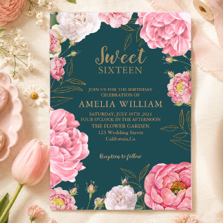 Smaragdgrün Rosa Floral Sweet 16 Geburtstag Einladung