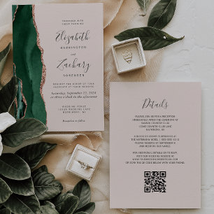 Smaragdgrün Roségold Achat Schamrot QR Hochzeit Einladung
