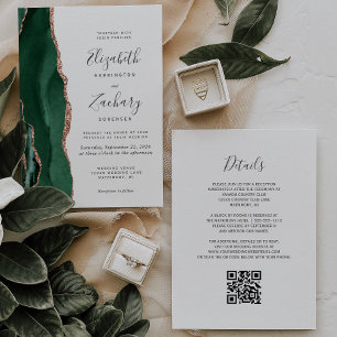 Smaragdgrün Rosen Gold Achat Weiß QR Hochzeit Einladung